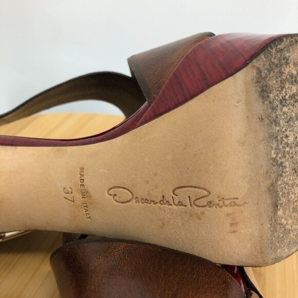 Oscar De La Renta Red Satin  Brown patent leather buckle Platform Stilettos 37 - Picture 12 of 14